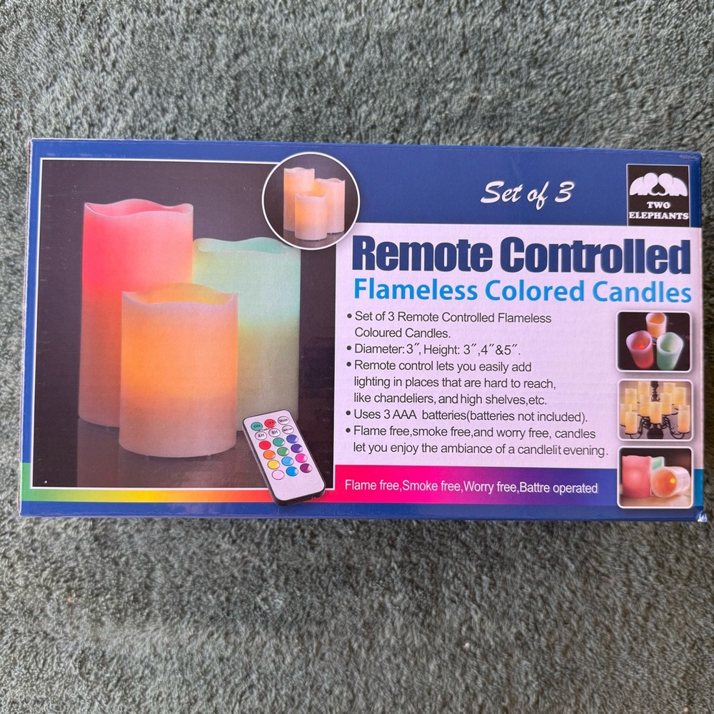 Two Elephants Remote Controlled Flameless Colored Candles Set of 3 BRAND NEW